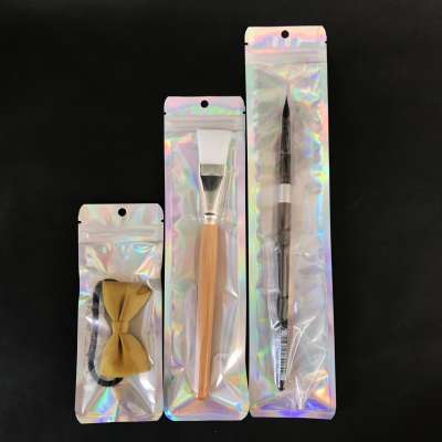 custom clear holographic comestic bags lip stick tube makeup brush packaging bag